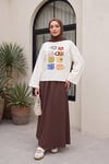 Fincan Baskılı Bisiklet Yaka Oversize 2 İplik Penye Sweatshirt -Ekru