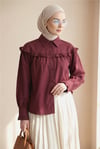 Gömlek-Fırfır Detaylı Düğmeli Kısa Gömlek -Bordo-432-25195-R04