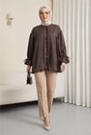 Fırfır Detaylı Kolu Bağcıklı Taş Düğmeli Cupra Tunik -Koyu Kahverengi-Tunik-307-0093-R54