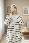 Fitilli Düğmeli Uzun Triko Hırka  -Taş-Triko Hırka-357-6137-R43