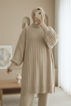 Fitilli Yırtmaçlı Yumoş Triko Tunik -Açık Vizon-Kazak-295-6026-R51