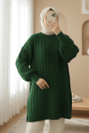 Fitilli Yırtmaçlı Yumoş Triko Tunik -Koyu Yeşil-Kazak-295-6026-R79