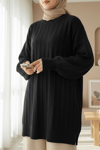 Fitilli Yırtmaçlı Yumoş Triko Tunik -Siyah-Kazak-295-6026-R01