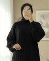 Fitilli Yırtmaçlı Yumoş Triko Tunik -Siyah-Kazak-295-6026-R01