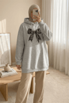 Fiyonk Detaylı Kapşonlu Penye Sweat  -Açık Gri-Sweatshirt-349-5286-R41