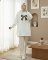 Fiyonk Detaylı Kapşonlu Penye Sweat -Beyaz-Sweatshirt-349-5286-R02