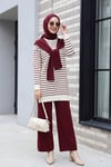 Fular Detaylı Yırtmaçlı Çizgili Triko Takım  -Bordo