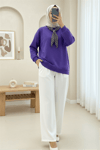 Fularlı Leopar Armalı 3 İplik Sweat  -Mor-Sweatshirt-349-5288-R34
