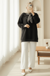 Fularlı Leopar Armalı 3 İplik Sweat -Siyah-Sweatshirt-349-5288-R01