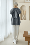 Fularlı Yumoş Triko Kazak -Gri-Kazak-109-0944-R11