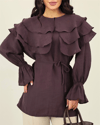 Tunik-Geniş Katlı Yakalı Bileği Lastikli Beli Bağlamalı Yırtmaçlı Tunik  -Mürdüm-307-0062-R09