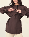 Geniş Katlı Yakalı Bileği Lastikli Beli Bağlamalı Yırtmaçlı Tunik  -Kahve-Tunik-307-0062-R15