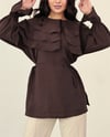 Tunik-Geniş Katlı Yakalı Bileği Lastikli Beli Bağlamalı Yırtmaçlı Tunik  -Kahve-307-0062-R15