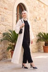 Geniş Kol Bağcıklı Broşlu Jakarlı Uzun Kimono -Ekru