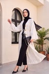 Geniş Kol Bağcıklı Broşlu Jakarlı Uzun Kimono -Ekru