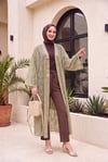Geniş Kol Bağcıklı Broşlu Jakarlı Uzun Kimono -Çağla Yeşili