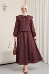 Geniş Yakalı Bağlamalı Kolu Lastikli Eteği Astarlı Poplin Takım  -Bordo-Takım-445-8350-R04