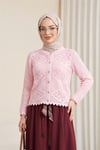 Geometrik Desenli Ajurlu Düğmeli Triko Hırka -Pudra pembesi-Hırka-109-1233-R06