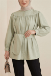 Gizli Düğmeli Kuşaklı Poplin Tunik -Çağla Y.-Tunik-223-3098-R70