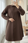 Gizli Düğmeli Oval Kesim Uzun Gömlek -Kahve-Gömlek-349-5071-R15