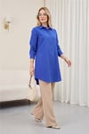 Gizli Düğmeli Oval Kesim Uzun Gömlek -Saks-Gömlek-349-5071-R10