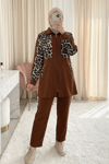 Gömlek Yaka Boydan Fermuarlı Pantolonlu Takım   -Taba-Takım-349-6075-R12