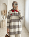 Gömlek Yaka Düğmeli Kalp Nakışlı Triko Tunik -Toprak-Kazak-109-9784-R55