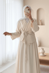 Gül Broşlu Yandan Bağlamalı Ceket Etek Keten Takım -Bej-Takım-420-8034-R56