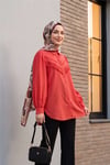 Güpür Püsküllü Ham Keten Balon Kol Gömlek       -Mercan Kırmızı-Tunik-307-2109-R82