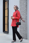Güpür Püsküllü Ham Keten Balon Kol Gömlek       -Mercan Kırmızı-Tunik-307-2109-R82