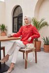 Güpür Püsküllü Ham Keten Balon Kol Gömlek       -Mercan Kırmızı-Tunik-307-2109-R82