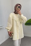 Güpür Püsküllü Ham Keten Balon Kol Gömlek     -Açık Sarı-Gömlek-307-2109-R75