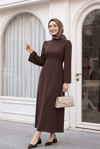 فستان رائع بخط العنق والخصر - بني-Elbise-111-60835-R15