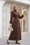 فستان رائع بخط العنق والخصر - بني-Elbise-111-60835-R15