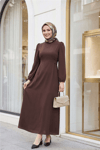 فستان رائع بخط العنق والخصر - بني-Elbise-111-60835-R15