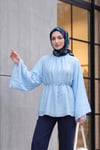 Hakim Yaka Kemerli Astarlı İspanyol Kol Oversize Liyosel Tunik -Bebe Mavi