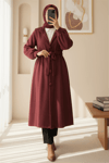 Hakim Yaka Tünel Bağcıklı Kaşe Kaban   -Bordo-Kaban-347-8003-R04