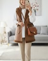 İçi Kuzu Peluş Çift Cepli Yelek   -Taba-Yelek-398-9023-R12