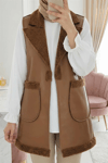 İçi Kuzu Peluş Çift Cepli Yelek   -Taba-Yelek-398-9023-R12