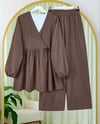 İçten Bağlamalı Tunik Bol Paça Pantolonlu Takım -Kahve-Takım-223-3061-R15
