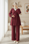 İçten Bağlamalı Tunik Bol Paça Pantolonlu Takım -Bordo-Takım-223-3061-R04