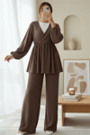 İçten Bağlamalı Tunik Bol Paça Pantolonlu Takım -Kahve-Takım-223-3061-R15