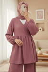 İçten Bağlamalı Tunik Bol Paça Pantolonlu Takım -Vişne-Takım-223-3061-R44