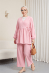 İçten Bağlamalı Tunik Bol Paça Pantolonlu Takım -Pembe-Takım-223-3061-R20