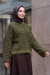 İnce Çizgili Oversize Triko Kazak -Haki