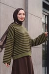 İnce Çizgili Oversize Triko Kazak -Haki