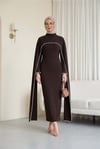 İnci Detaylı Çıkarılabilir Pelerinli İspanyol Kol Astarlı Krep Abaya Elbise  -Koyu Kahverengi-Elbise-386-6280-R54