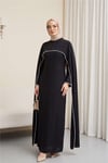 İnci Detaylı Çıkarılabilir Pelerinli İspanyol Kol Astarlı Krep Abaya Elbise -Siyah-Elbise-386-6280-R01