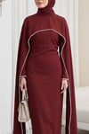 İnci Detaylı Çıkarılabilir Pelerinli İspanyol Kol Astarlı Krep Abaya Elbise  -Bordo-Elbise-386-6280-R04