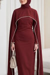 İnci Detaylı Çıkarılabilir Pelerinli İspanyol Kol Astarlı Krep Abaya Elbise  -Bordo